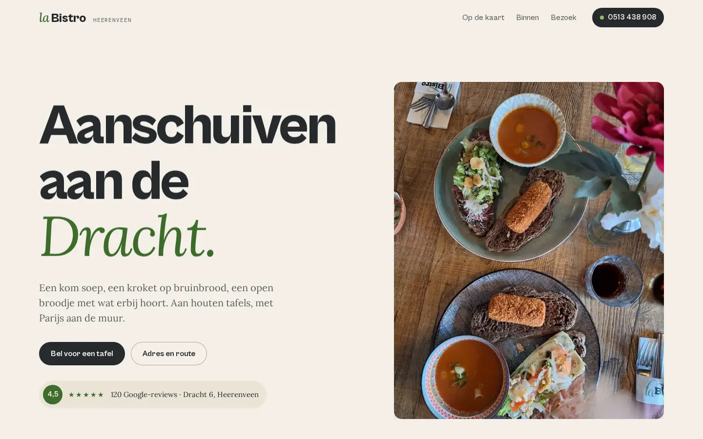 Voorbeeld van richting B: lichte homepage in de stijl van een menukaart