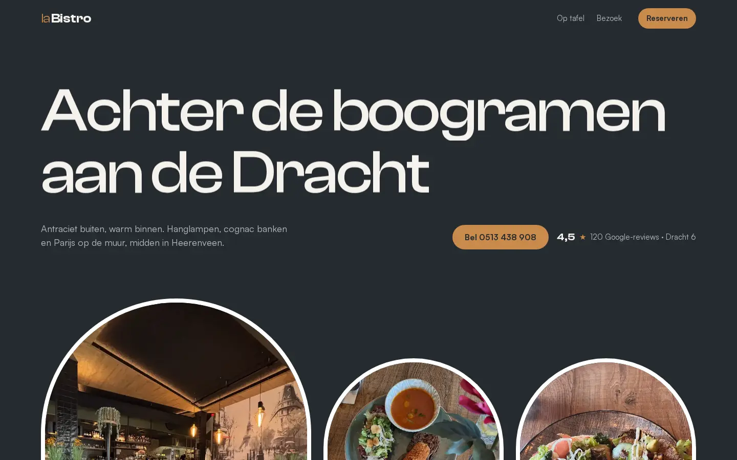 Voorbeeld van richting C: antraciet homepage met foto's in de vorm van boogramen